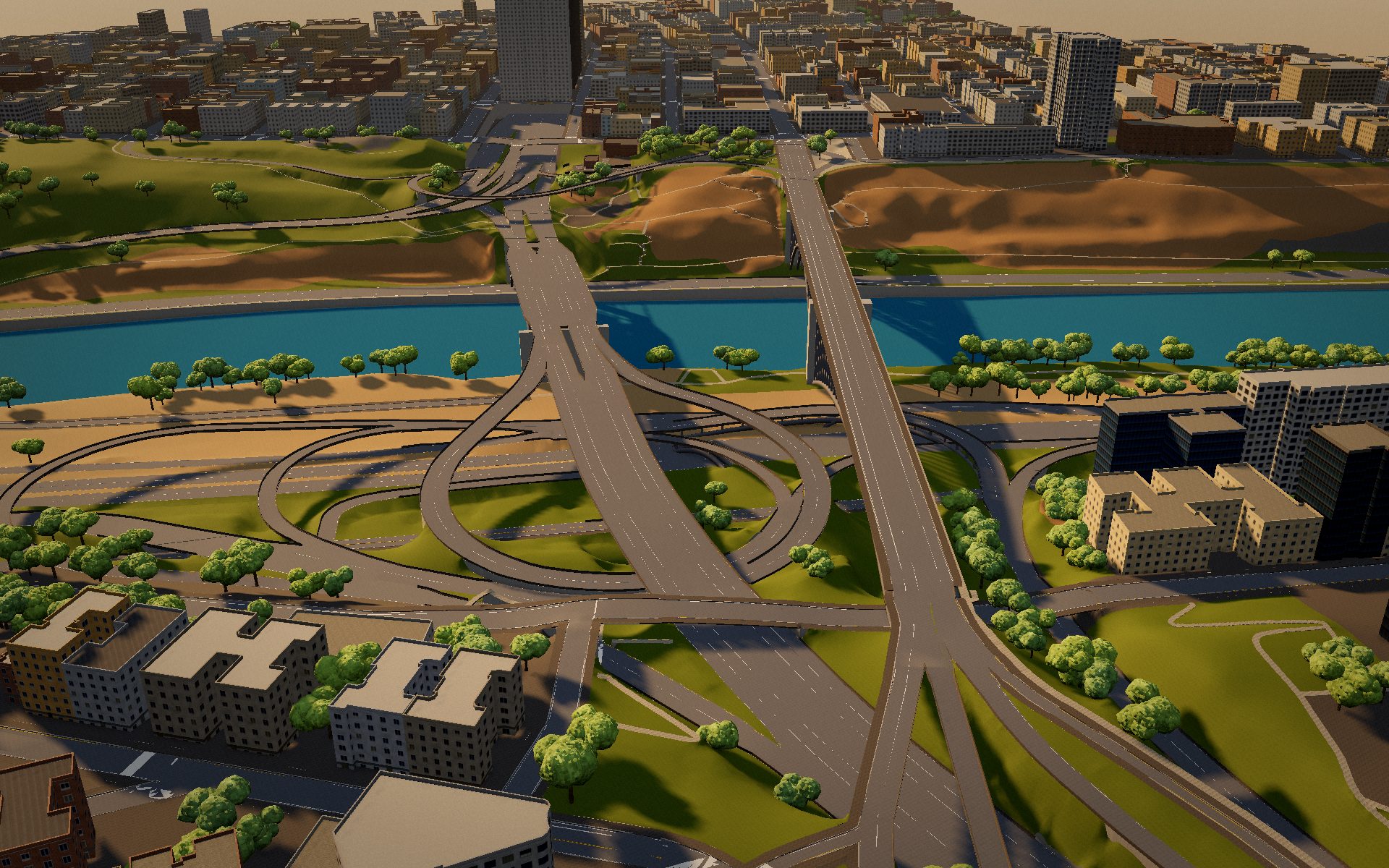 The same area built by Citylith: decks, ramps and the arch bridge at their real heights