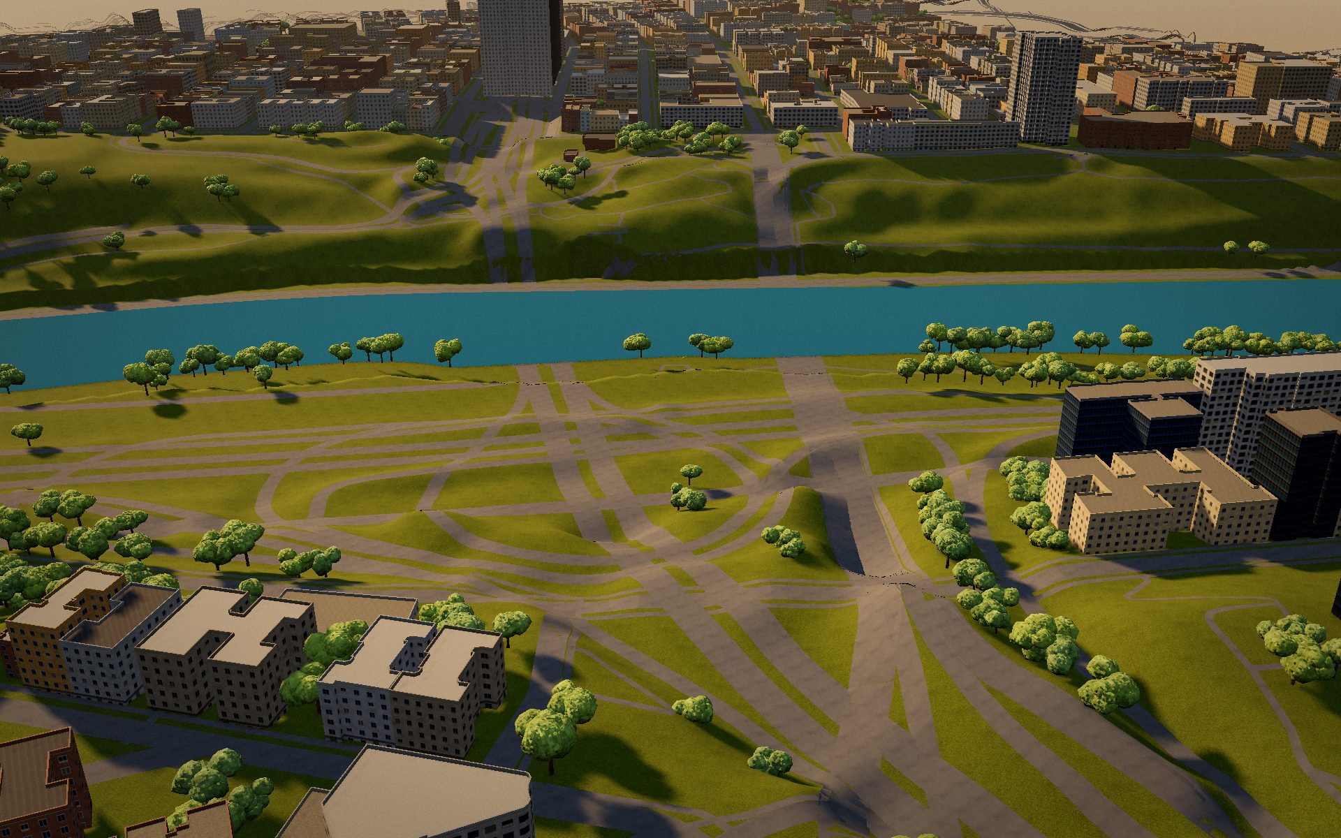 Raw OpenStreetMap streets draped on the terrain: ramps and bridges lie flat on the ground and on the river