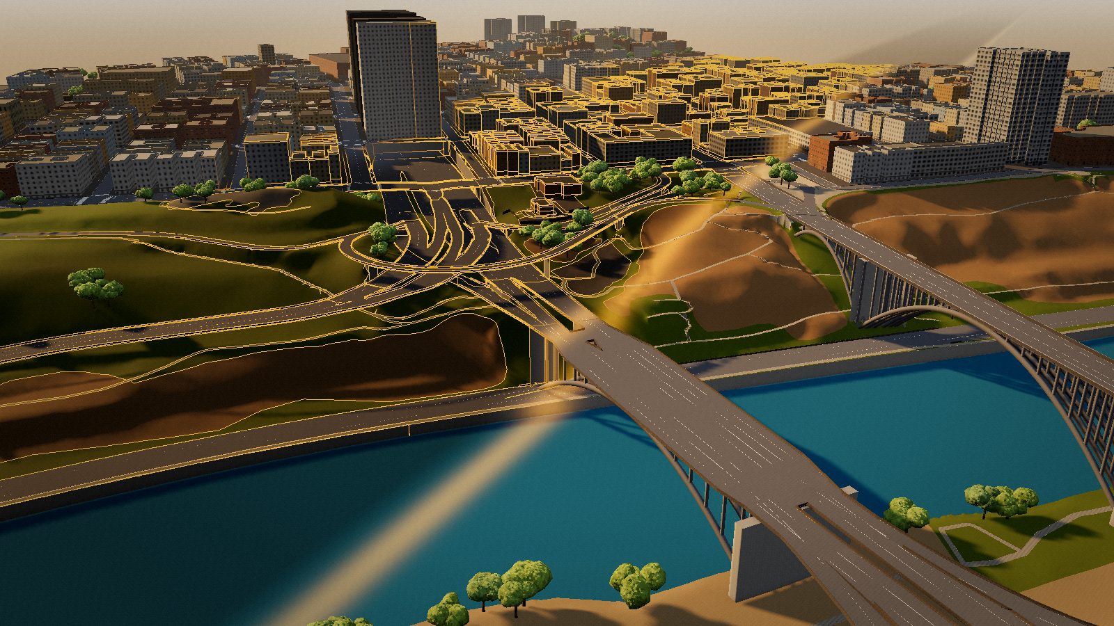 Gold mesh lines sweeping over the textured interchange