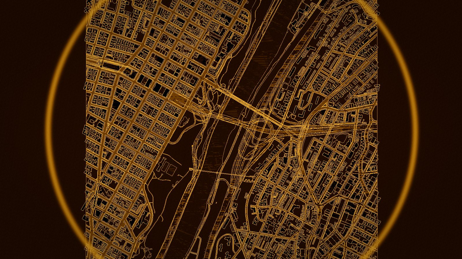 Top-down map view with glowing street lines